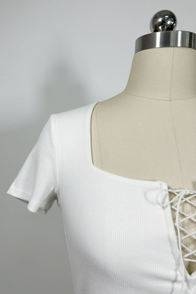 Women’s Ribbed Lace-Up Square Neck Crop Top – Short Sleeve-W-04-007 White