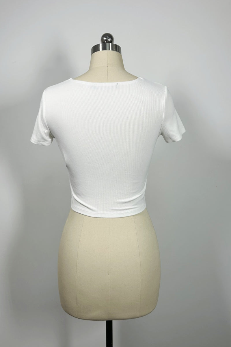 Women’s Ribbed Lace-Up Square Neck Crop Top – Short Sleeve-W-04-007 White