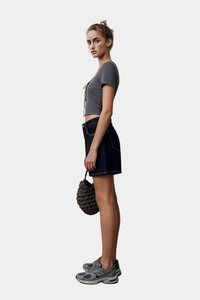 Women’s Ribbed Lace-Up Square Neck Crop Top – Short Sleeve-W-04-007 Charcoal