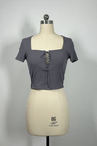 Women’s Ribbed Lace-Up Square Neck Crop Top – Short Sleeve-W-04-007 Charcoal