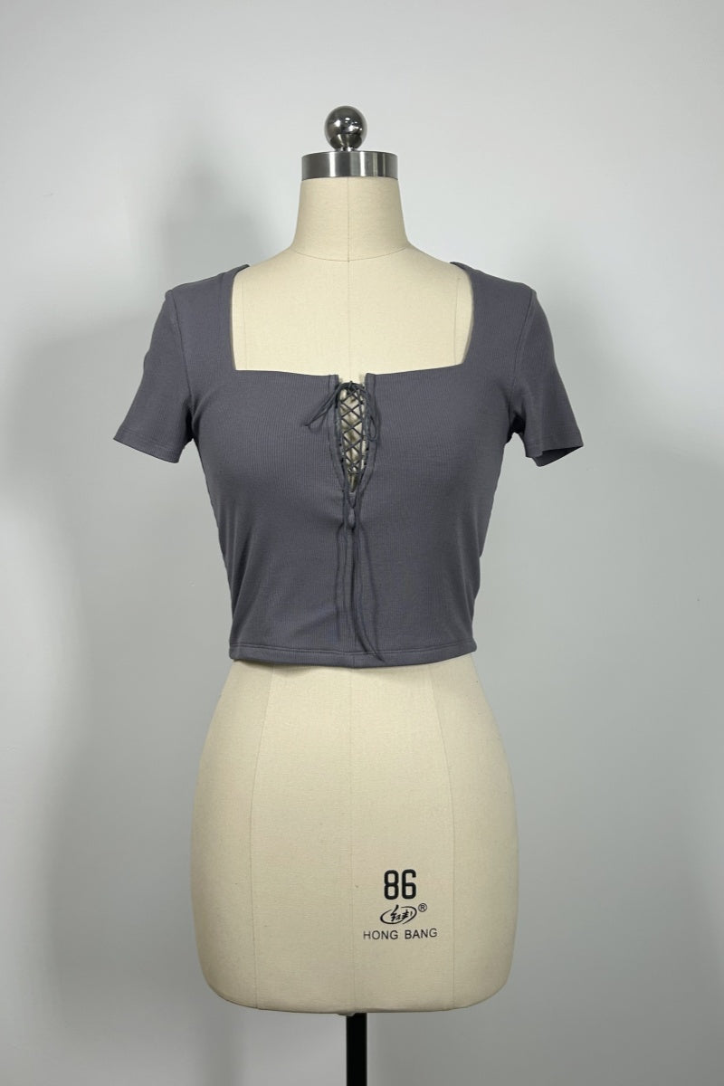 Women’s Ribbed Lace-Up Square Neck Crop Top – Short Sleeve-W-04-007 Charcoal