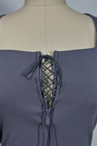 Women’s Ribbed Lace-Up Square Neck Crop Top – Short Sleeve-W-04-007 Charcoal