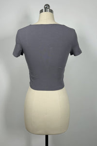 Women’s Ribbed Lace-Up Square Neck Crop Top – Short Sleeve-W-04-007 Charcoal