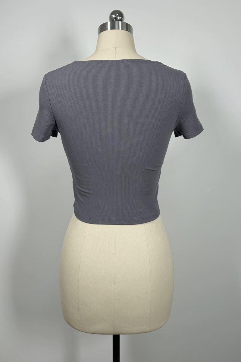 Women’s Ribbed Lace-Up Square Neck Crop Top – Short Sleeve-W-04-007 Charcoal