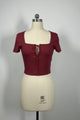 Women’s Ribbed Lace-Up Square Neck Crop Top – Short Sleeve-W-04-007 Brick