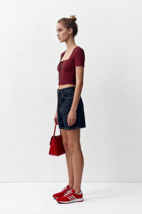 Women’s Ribbed Lace-Up Square Neck Crop Top – Short Sleeve-W-04-007 Brick