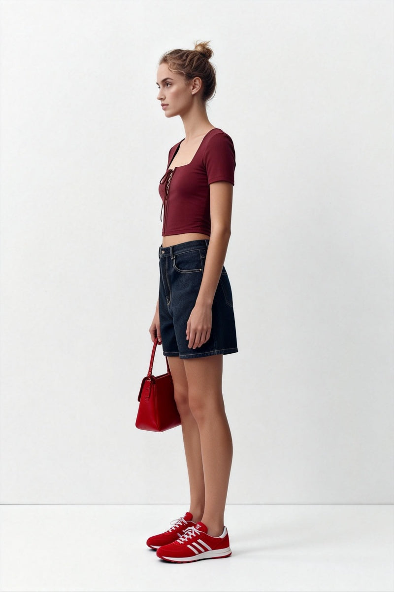 Women’s Ribbed Lace-Up Square Neck Crop Top – Short Sleeve-W-04-007 Brick