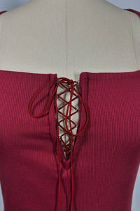 Women’s Ribbed Lace-Up Square Neck Crop Top – Short Sleeve-W-04-007 Brick