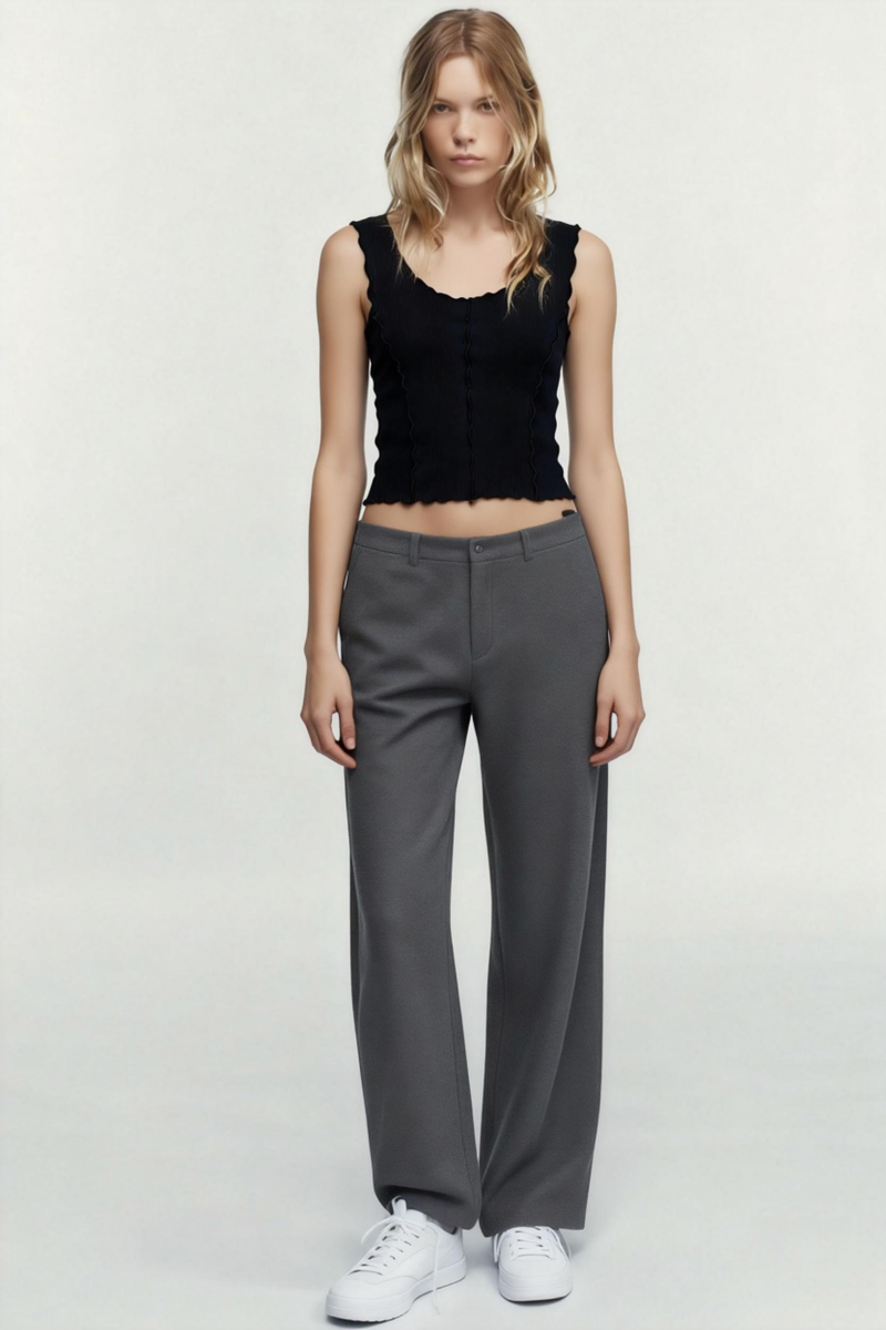 Women’s Ribbed Lettuce-Edge Crop Tank – Contrast Overlock Seam Detail-W-04-008 Black