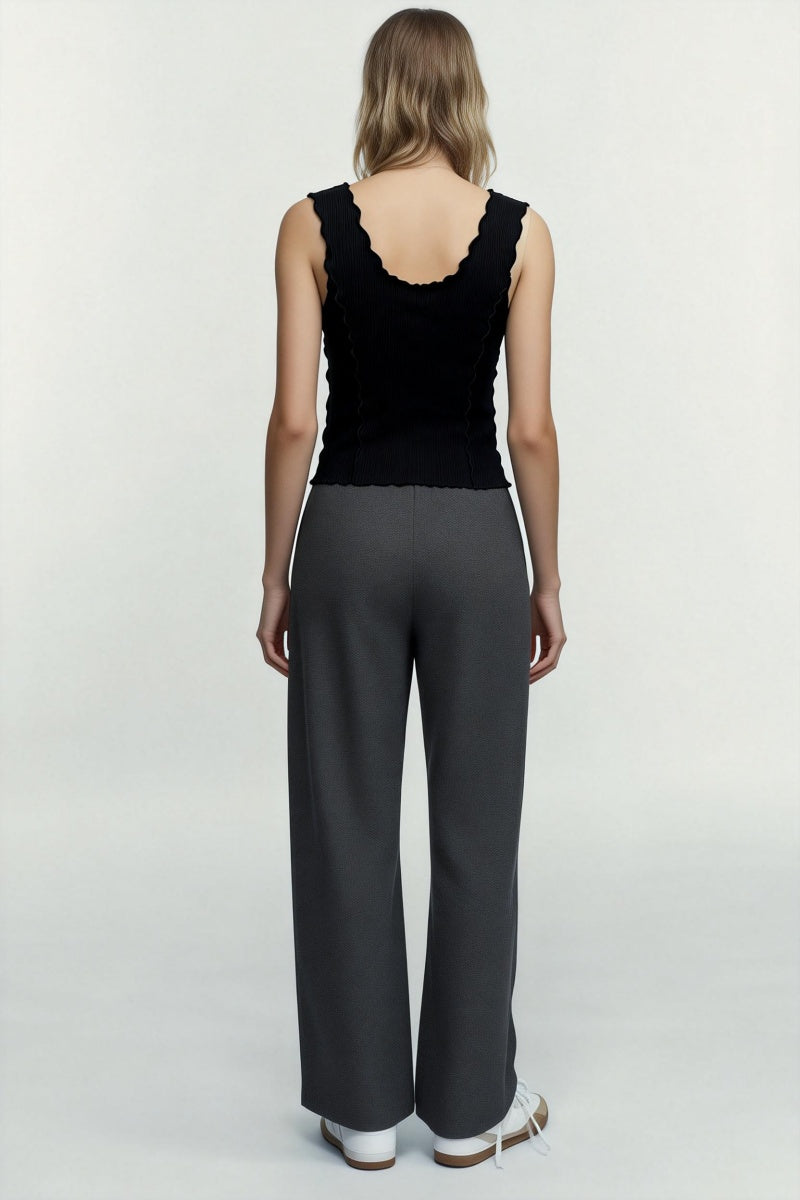 Women’s Ribbed Lettuce-Edge Crop Tank – Contrast Overlock Seam Detail-W-04-008 Black