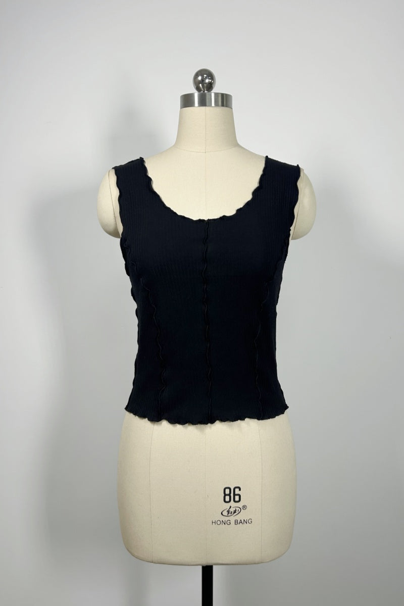 Women’s Ribbed Lettuce-Edge Crop Tank – Contrast Overlock Seam Detail-W-04-008  Black,Mocha,White