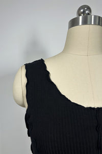 Women’s Ribbed Lettuce-Edge Crop Tank – Contrast Overlock Seam Detail-W-04-008 Black