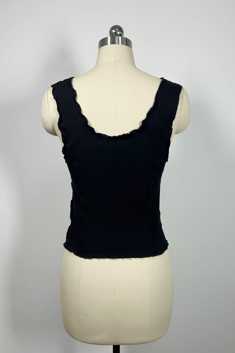 Women’s Ribbed Lettuce-Edge Crop Tank – Contrast Overlock Seam Detail-W-04-008  Black,Mocha,White
