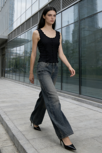 Women’s Ribbed Lettuce-Edge Crop Tank – Contrast Overlock Seam Detail-W-04-008  Black,Mocha,White
