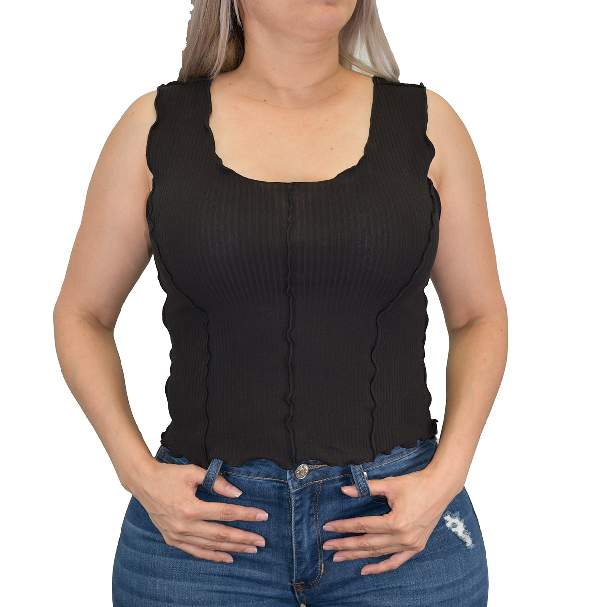 Women’s Ribbed Lettuce-Edge Crop Tank – Contrast Overlock Seam Detail-W-04-008  Black,Mocha,White