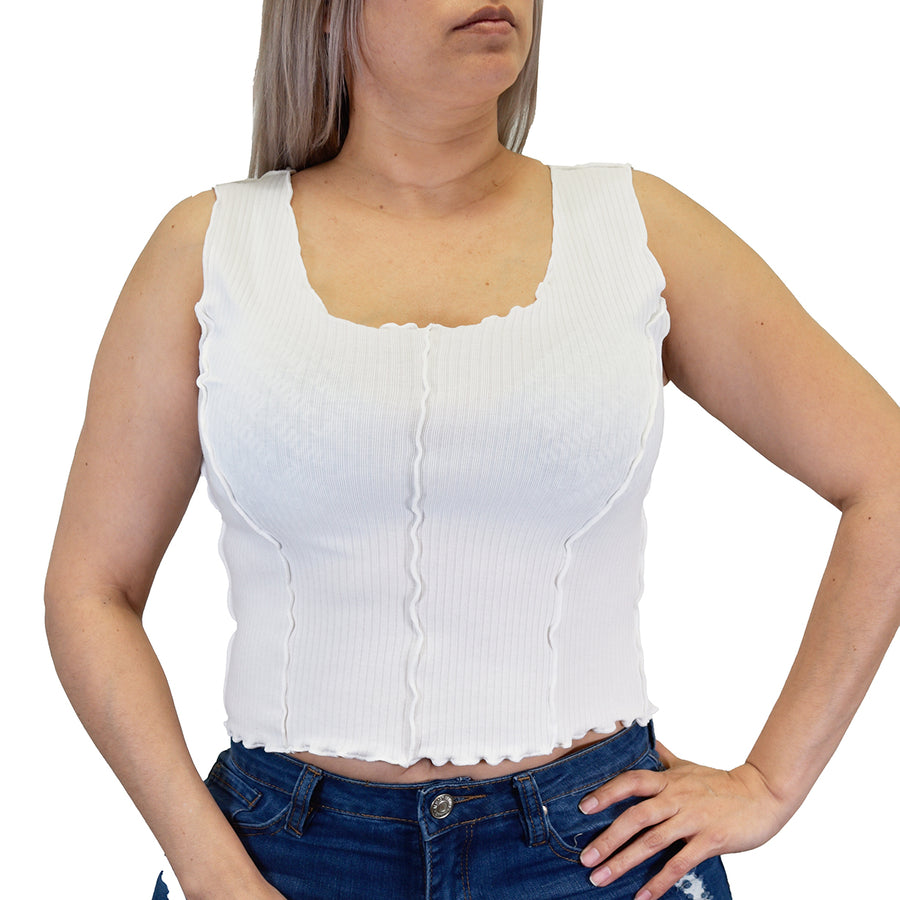 Top corto de mujer con ribete acanalado y costura overlock en contraste - W-04-008 Blanco
