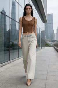 Women’s Ribbed Lettuce-Edge Crop Tank – Contrast Overlock Seam Detail-W-04-008  Black,Mocha,White