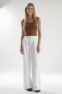 Women’s Ribbed Lettuce-Edge Crop Tank – Contrast Overlock Seam Detail-W-04-008Mocha