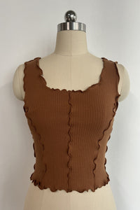 Women’s Ribbed Lettuce-Edge Crop Tank – Contrast Overlock Seam Detail-W-04-008Mocha