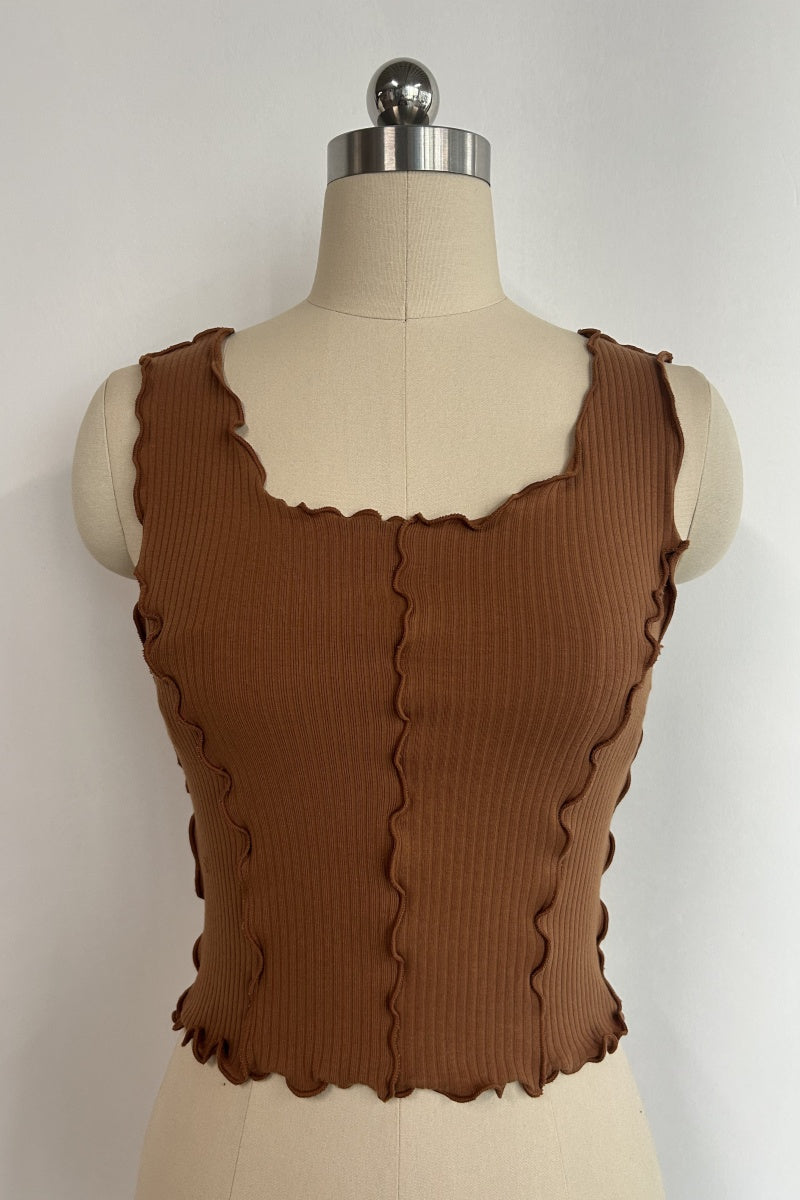 Women’s Ribbed Lettuce-Edge Crop Tank – Contrast Overlock Seam Detail-W-04-008Mocha
