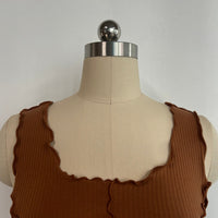 Women’s Ribbed Lettuce-Edge Crop Tank – Contrast Overlock Seam Detail-W-04-008Mocha