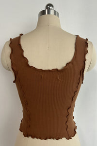 Women’s Ribbed Lettuce-Edge Crop Tank – Contrast Overlock Seam Detail-W-04-008Mocha