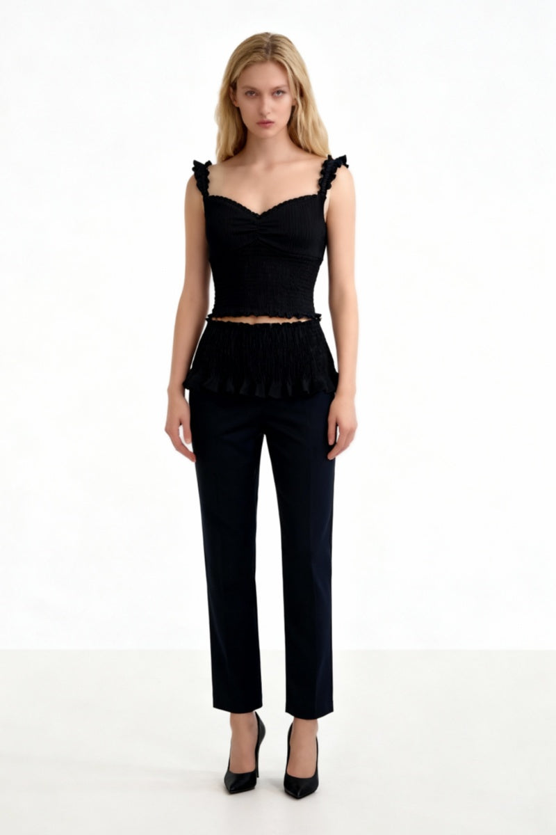 Women’s Ribbed Smocked Ruffle Strap Crop Top- W-04-009-010