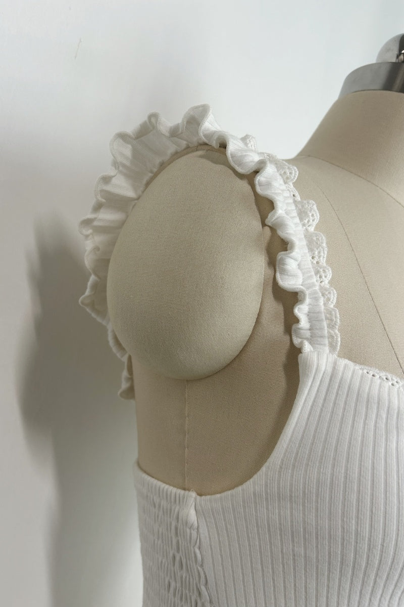 Women’s Ribbed Smocked Ruffle Strap Crop Top- W-04-009-020