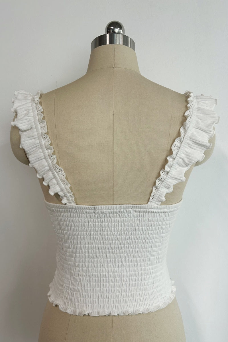 Women’s Ribbed Smocked Ruffle Strap Crop Top- W-04-009-020