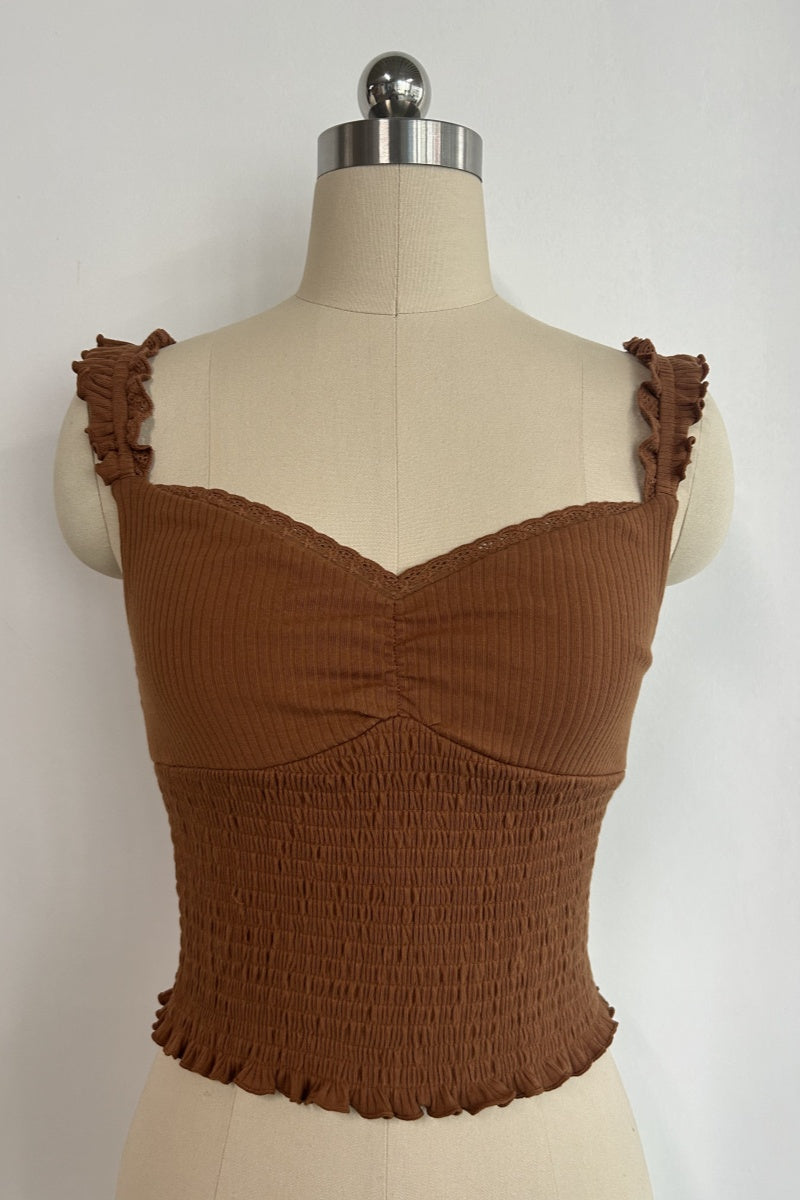 Women’s Ribbed Smocked Ruffle Strap Crop Top- W-04-009-663
