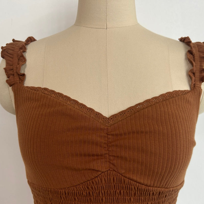 Women’s Ribbed Smocked Ruffle Strap Crop Top- W-04-009-663