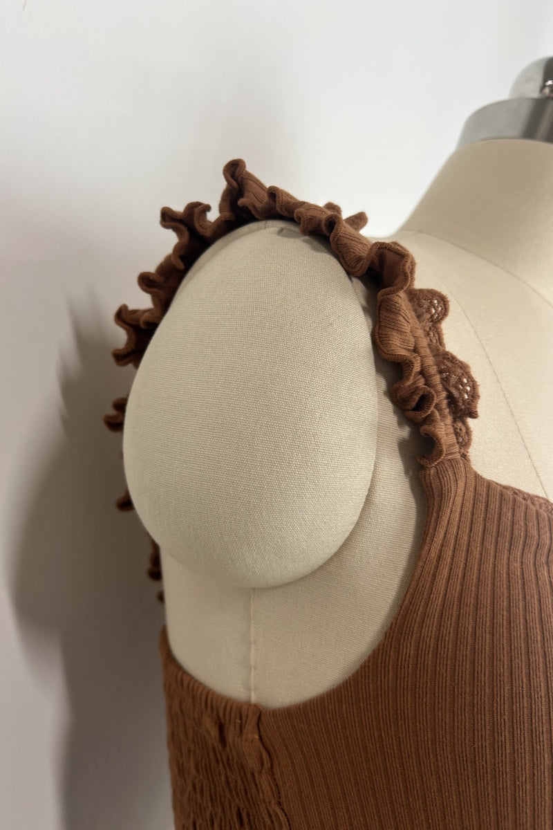 Women’s Ribbed Smocked Ruffle Strap Crop Top- W-04-009-663