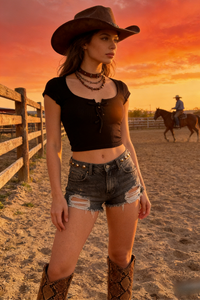 Women’s Ribbed Crop Top Body Lace-Up Top – Scoop Neck Cotton Blend-W-04-010- Black，White，Mocha