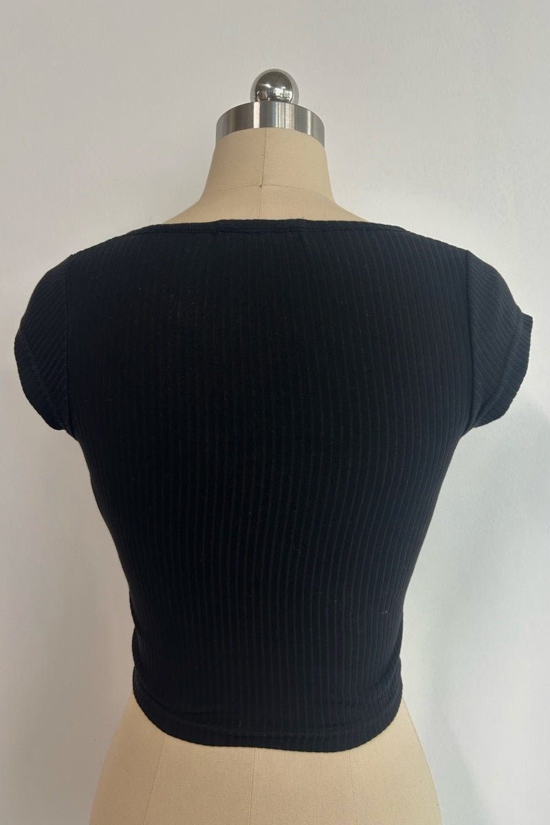 Body de mujer con cuello redondo, de mezcla de algodón y cordones - W-04-010 Negro