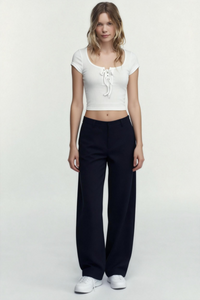 Body de mujer con cuello redondo, de mezcla de algodón y cordones - W-04-010 - Blanco