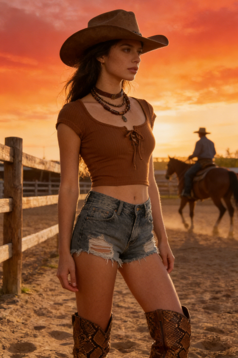 Women’s Ribbed Crop Top Body Lace-Up Top – Scoop Neck Cotton Blend-W-04-010- Black，White，Mocha