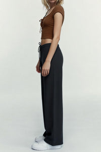 Body de mujer con cuello redondo, corte acanalado y cordones en mezcla de algodón - W-04-010-Mocha