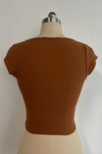 Body de mujer con cuello redondo, corte acanalado y cordones en mezcla de algodón - W-04-010-Mocha