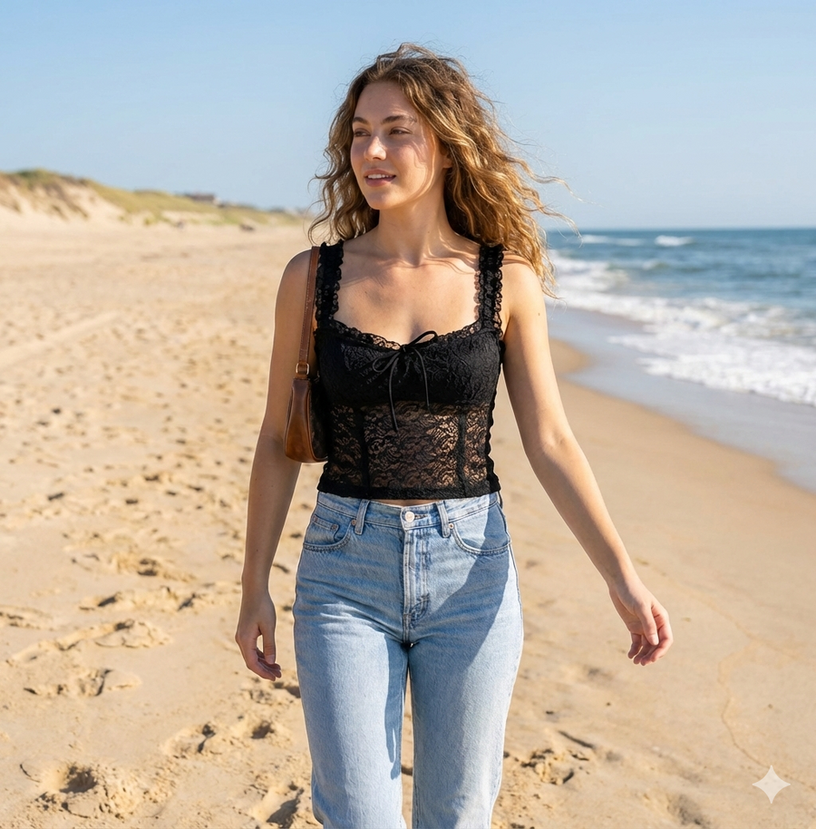 Camisola corta con encaje floral para mujer: nailon/spandex elástico, tirantes con volantes y detalle de lazo delantero - W-04-011 Negro