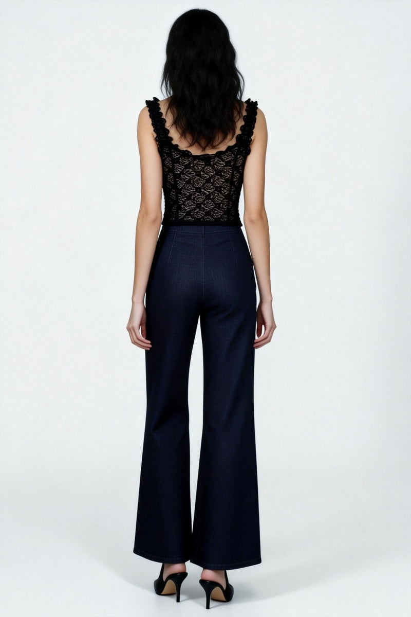 Women’s Floral Lace Cropped Camisole Top – Stretch Nylon/Spandex, Ruffle Straps, Front Tie Detail-W-04-011 Black