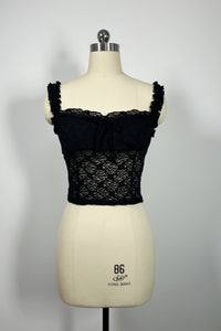 Women’s Floral Lace Cropped Camisole Top – Stretch Nylon/Spandex, Ruffle Straps, Front Tie Detail-W-04-011 Black,White