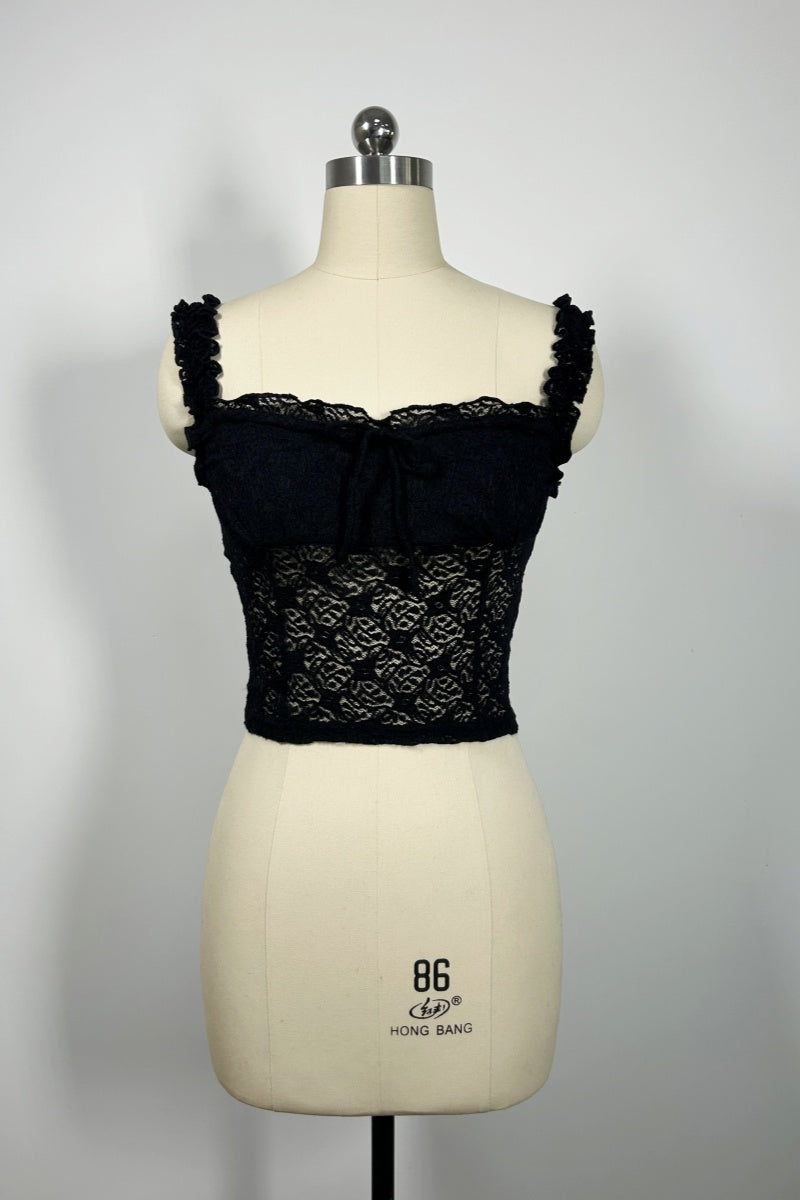 Women’s Floral Lace Cropped Camisole Top – Stretch Nylon/Spandex, Ruffle Straps, Front Tie Detail-W-04-011 Black,White