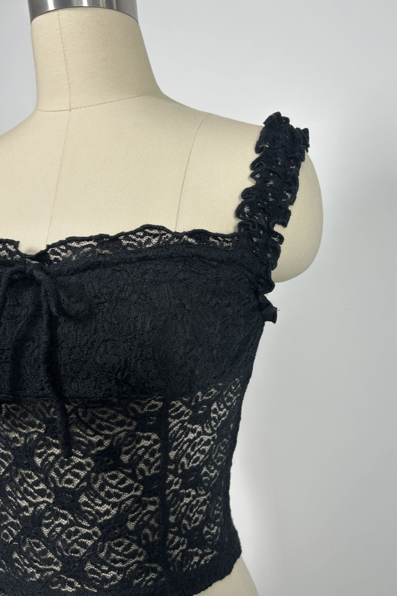 Women’s Floral Lace Cropped Camisole Top – Stretch Nylon/Spandex, Ruffle Straps, Front Tie Detail-W-04-011 Black