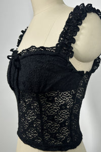 Women’s Floral Lace Cropped Camisole Top – Stretch Nylon/Spandex, Ruffle Straps, Front Tie Detail-W-04-011 Black