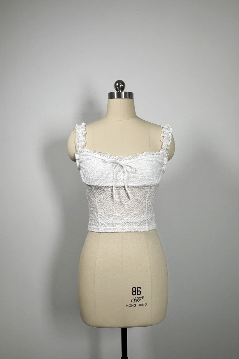 Women’s Floral Lace Cropped Camisole Top – Stretch Nylon/Spandex, Ruffle Straps, Front Tie Detail-W-04-011 Black,White