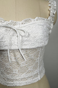 Women’s Floral Lace Cropped Camisole Top – Stretch Nylon/Spandex, Ruffle Straps, Front Tie Detail-W-04-011 Black,White