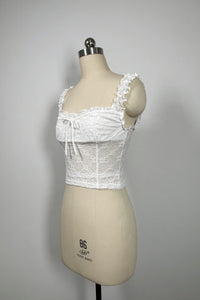 Women’s Floral Lace Cropped Camisole Top – Stretch Nylon/Spandex, Ruffle Straps, Front Tie Detail-W-04-011 Black,White