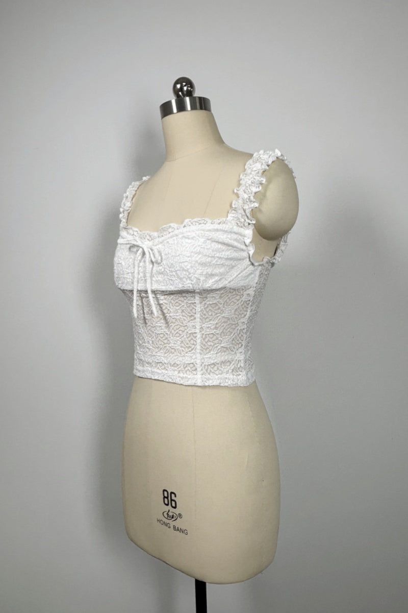 Women’s Floral Lace Cropped Camisole Top – Stretch Nylon/Spandex, Ruffle Straps, Front Tie Detail-W-04-011 Black,White