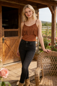 Women’s Fringe Detail Knit Camisole Top – Lightweight Rayon Blend-W-04-012 Black, Mocha
