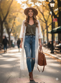 Women’s Floral Lace Longline Poncho – Scalloped Edge Open Front-W-04-015-020 Cream